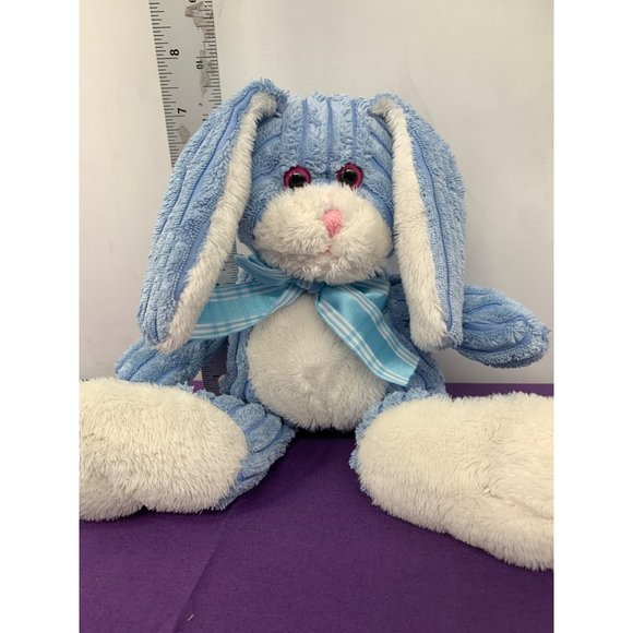 Kids of America Corp Blue Corduroy Plush Stuffed Animal Bunny Blue Bow Pink Plas - Picture 3 of 11